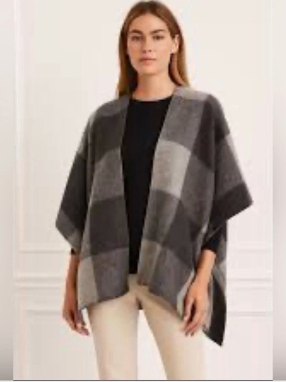 Talbots Wool Cashmere Blend Plaid Poncho Wrap Cape Gray Black S/M